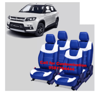 Premium Leather Car Seat Cover For Maruti Brezza Blue-white Color