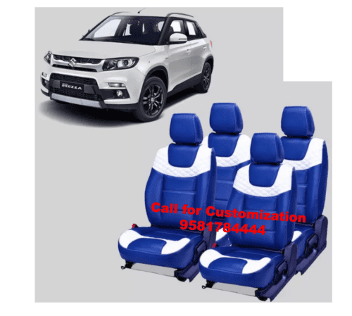 Premium Leather Car Seat Cover For Maruti Brezza Blue-white Color