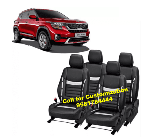 Kia Seltos Leather Car Seat Cover Black-Silver Color